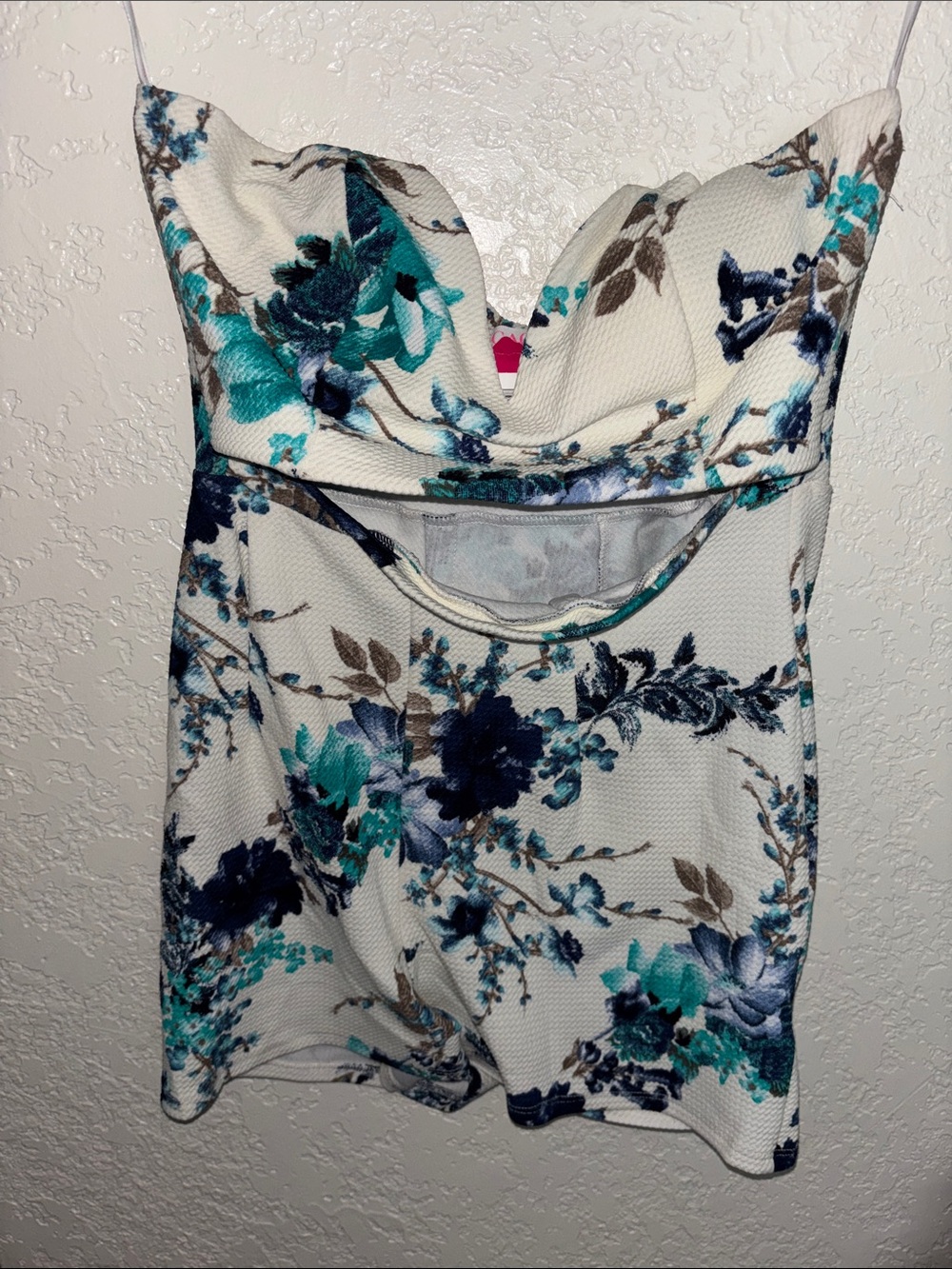 a'gaci Cream Strapless Floral Romper with Teal and Navy Accents
